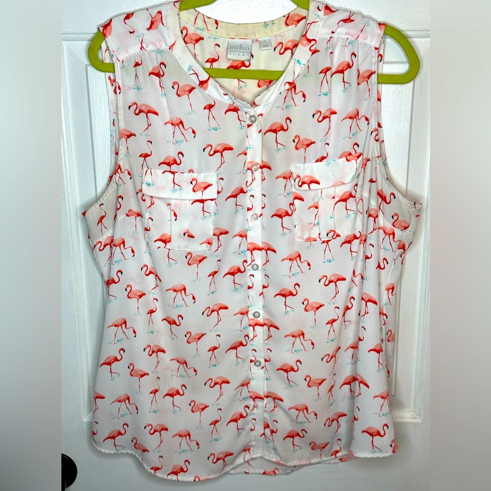 NY &Company, XL, sleeveless, white blouse w beautiful flamingos. Smokefree home.